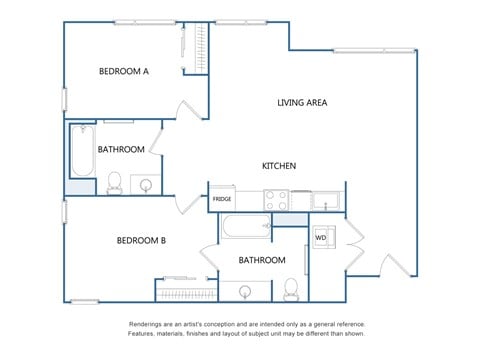 Floor plan for 2 beds, 2 baths, 995 sqft